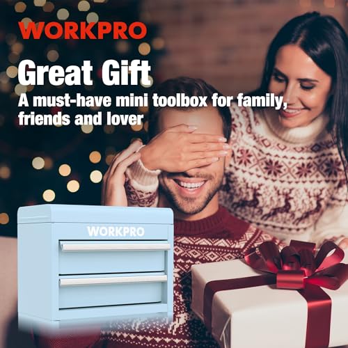 WORKPRO Mini Metal Tool Box with 2 Drawers and Top Storage, Small Tool Chest with PVC Liners and PP Feet Pads, Cold Rolled Steel Toolbox with Magnetic Tab - color: Macaron Blue