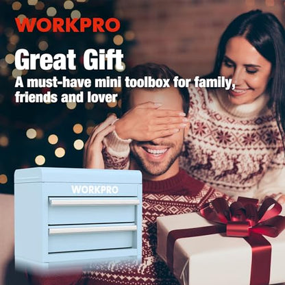 WORKPRO Mini Metal Tool Box with 2 Drawers and Top Storage, Small Tool Chest with PVC Liners and PP Feet Pads, Cold Rolled Steel Toolbox with Magnetic Tab - color: Macaron Blue