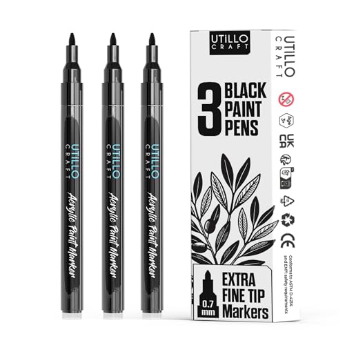 Utillo Craft Black Paint Pen (3-Pack) Extra Fine Black Paint Markers for Metal, Fabric, Wood, Glass, Paper, Plastic, Rock, Leather | Bold Color Permanent Acrylic Paint Pen 0.7mm | Artist DIY Gift - color: Black, style: Extra Fine 3PK