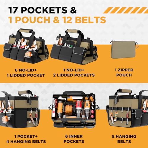 Goovilla Tool Bag 15.5 Inch with 1 Pouch | 17-Pocket Portable Tool Box Organizer Storage with Adjustable Strap, Soft Handle and Durable Zipper | Heavy Duty Tool Bags for Men, Father’s Day (Khaki)