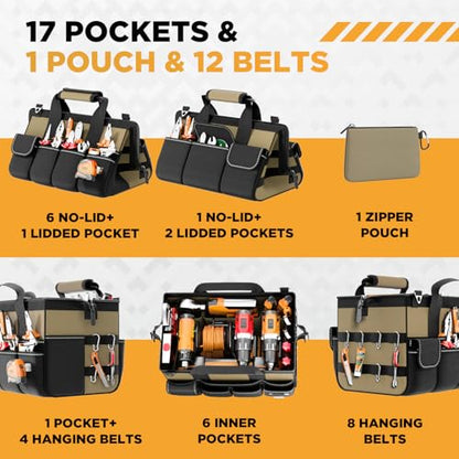 Goovilla Tool Bag 15.5 Inch with 1 Pouch | 17-Pocket Portable Tool Box Organizer Storage with Adjustable Strap, Soft Handle and Durable Zipper | Heavy Duty Tool Bags for Men, Father’s Day (Khaki)