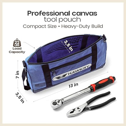 HAWKRY Heavy Duty Canvas Tool Bag Set of 2 – Waterproof Canvas Zipper Pouch, Garden Tool Bag, Construction Bags Heavy Duty, Small Zipper Pouch, Motorcycle Tool, Multipurpose Fishing Bag - color: Blue, White Blue