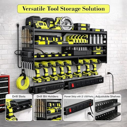 Large Power Tool Organizer Wall Mount, 6-Shelf Heavy Duty Metal Tool Storage Rack with Drill Holder Slots, Side Screwdriver Racks and Hook Bar, Wall Mounted Tool Organizer for Garage Workshop