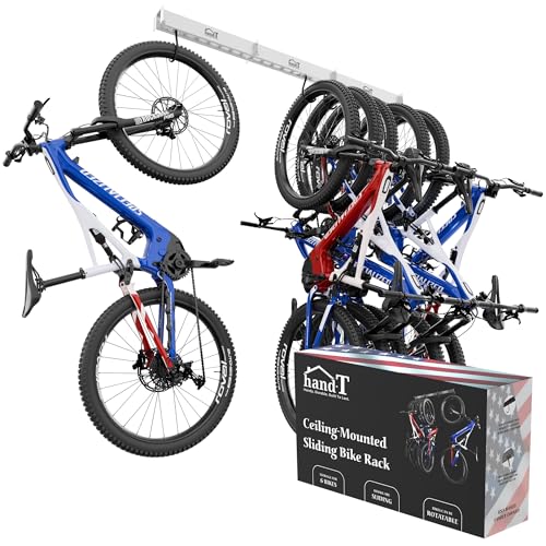 USA Based Ceiling Bike Hanger Slide Mount Up To 6 Bikes, Sliding Garage Bicycle Storage, 51" Heavy Duty Hanging Hook Racks 450lbs Limit, Overhead Mounted Hangers for Storing Bicycles | White - color: White, size: 1 Set 6 Hooks