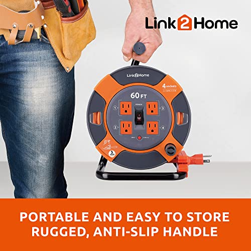 Link2Home Cord Reel 60 ft. Extension Cord 4 Power Outlets – 14 AWG SJTW Cable. Heavy Duty High Visibility Power Cord. - size: 60 Feet