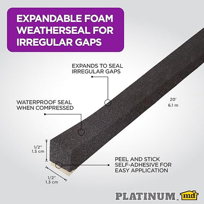 M-D Building Products 03110 1/2 in. Black Expandable Foam Platinum™ Weatherseal for Uneven Gaps - color: Black, size: 1/2 in.