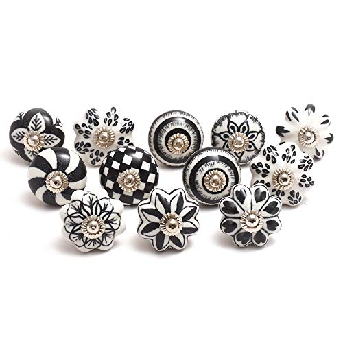 Eleet Designer Ceramic Cabinet Knobs - Pack of 12 Black & White Hand Painted Vintage Cabinet Cupboard Door & Drawer Pulls Chrome Hardware (12, Black &White) - color: Black & White, style: Ceramic Knobs Set of 12
