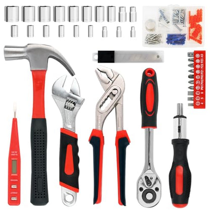 120 Piece Basic Tool Set General Household Hand Kit with Plastic Toolbox Storage Case Red & Black for Men &Women - style: 120Pcs(Red)