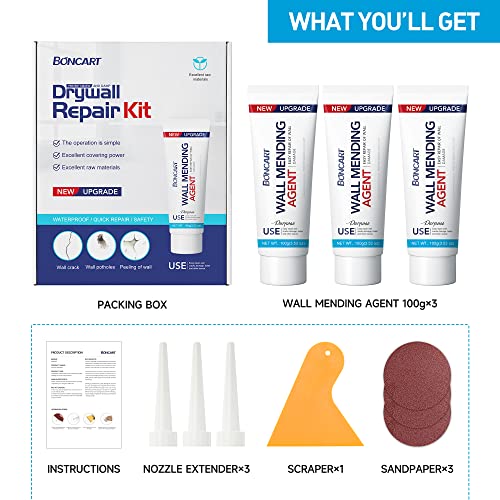 BONCART Drywall Repair Kit, Spackle Wall Repair Kit, 3 Pack Wall Mending Agent Putty, Wall Repair Paste Plaster for Wall Crack/Nail Hole, Wall Hole Filler with Scraper/Sandpaper - style: 3Pack