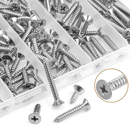 #8 x 1/2" 5/8" 3/4" 1" 1-1/4" Wood Screws Set, HELIFOUNER 140 Pieces Phillips Countersunk Head Self-Tapping Screws Assortment Kit, Phillips Flat Head Wood Screws, 304 Stainless Steel - size: #8