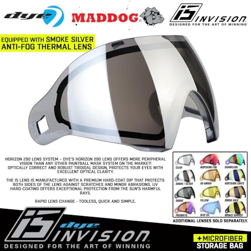 Maddog Dye i5 Thermal Anti-Fog Paintball Airsoft Mask Goggle System Combo with Microfiber Bag | Safety Certified Protection - color: Shades