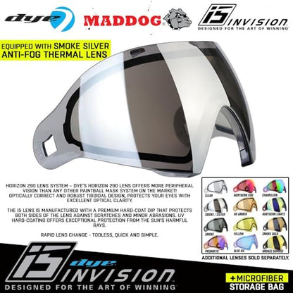 Maddog Dye i5 Thermal Anti-Fog Paintball Airsoft Mask Goggle System Combo with Microfiber Bag | Safety Certified Protection - color: Shades