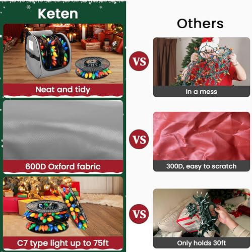 Keten Christmas Light Storage Bag, 600D Oxford Fabric Christmas Light Organizer with Reinforced Handles, 3 Reels Included to Hold 375ft Mini Christmas, Tree Lights & Extension Cords-Grey