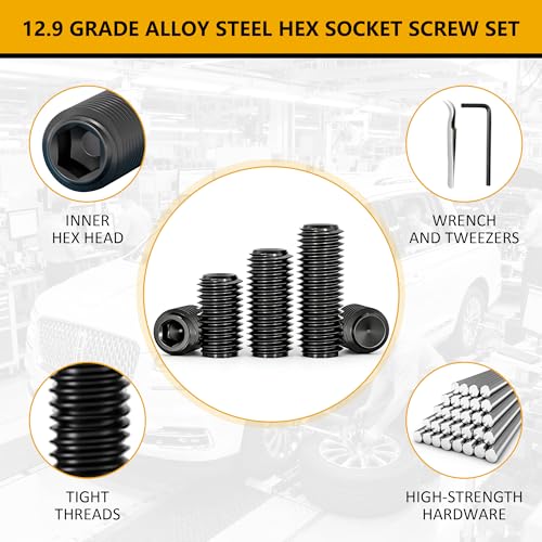 ZTF 1214Pcs Metric & SAE Set Screw Assortment Kit, Internal Hex Drive Set Screws for Bathroom Fixtures, Door Handles, Towel Rack Screws, 12.9 Grade Alloy Steel Grub Screw (M3-M8, 1/8"-40 to 5/16"-18) - size: black-1214pcs