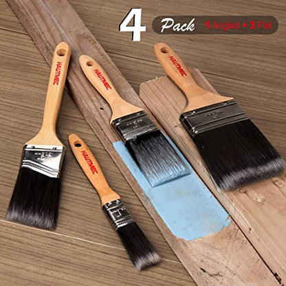 HAUTMEC 4-Pack Paint Brushes Decorating Set for Acrylic Painting, Walls, Trim, Cabinets, Furniture - Professional Flat & Angled Nylon/Polyester Brushes, Streak-Free Finish HT0029