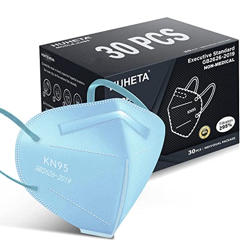 HUHETA KN95 Face Mask, 30 Pack Individually Wrapped, 5-Ply Breathable & Comfortable Safety Mask, Filter Efficiency=95%, Protective Cup Dust Masks Against PM2.5 (Blue Mask) - color: Blue