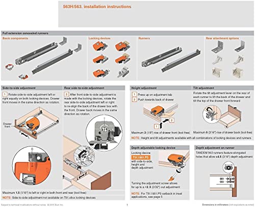 Bundle - 15" BLUM Tandem Drawer Slides with BLUMOTION. Includes Slides 563H, Locking Devices, Rear Mounting Brackets, Screws and Instructions.