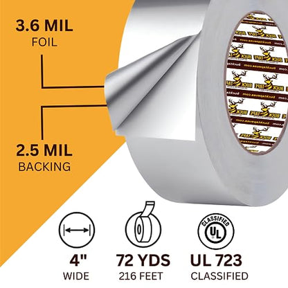 Buck Aluminum Foil Tape – 4 Inch x 216ft (72 yd), 3.6 Mil – HVAC Tape for Ductwork, AC, Dryer Vents & Insulation – Silver Foil Tape for Metal Repair, Exhaust Sealing & Air Conditioning (1 Pack) - size: 4 Inch, style: 1 Pack