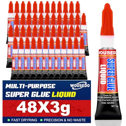 WOUSEDO 48 X 3g Super Glue Liquid, Clear Strong Adhesive,Fast Drying Cyanoacrylate Glue for Wood, Rubber, Leather, Hard Plastic, Metal, DIY Crafts and More - size: Pack of 48, style: Liquid