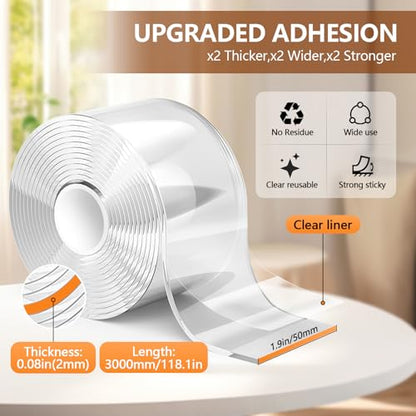 Strong Double Sided Tape Heavy Duty Widely, No Residue Clear Double Sided Mounting Tape,Two Sided Adhensive Nano Tape for Walls,Carpet,Posters,Dorm Room Essentials Teacher Must Haves - size: 1.97“ x 9.84’