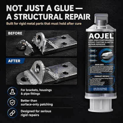 Metal Epoxy, 2-Part Structural Repair Adhesive for Metal & Aluminum Repair, Load-Bearing, Waterproof, Heat Resistant to 392°F, Drillable After Cure, 1.69 oz