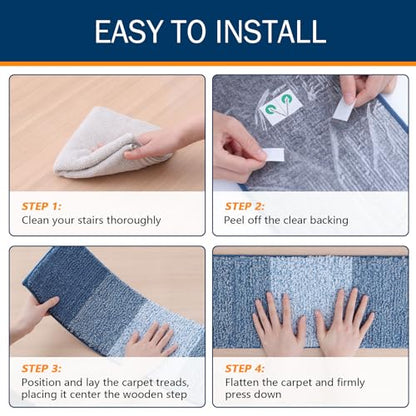 OLANLY Stair Treads Non Slip 15PCS, 8" x 30" Indoor Stair Runners for Wooden Steps, Edging Stair Rugs with Reusable Peel and Stick Adhesive for Kids Elders and Pets, Light Blue - color: Light Blue