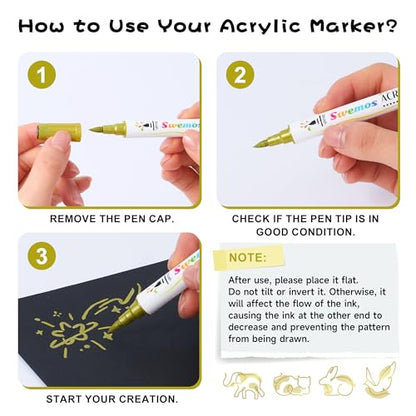 Swemos 2Pcs Gold Acrylic Paint Pens Markers, Dual Tip with Fine Tip and Brush Tip Pens Acrylic Paint Markers Waterproof Acrylic Markers Set for Rock, Canvas Stone, Wood, Glass, Metal (GOLD, 2) - style: GOLD