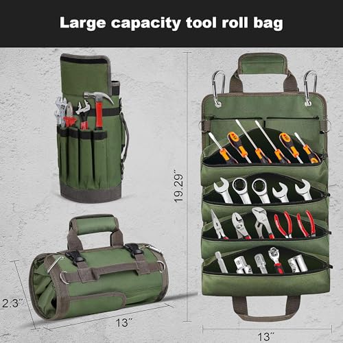 Roll Up Tool Bag, Heavy Duty Waterproof Portable Tool Storage Organization, Tool Bags For Men Tool Organizer with 2 Detachable Zipper Pouches Rollable Carrying, Dad Men Mechanic Welding Birthday Gift