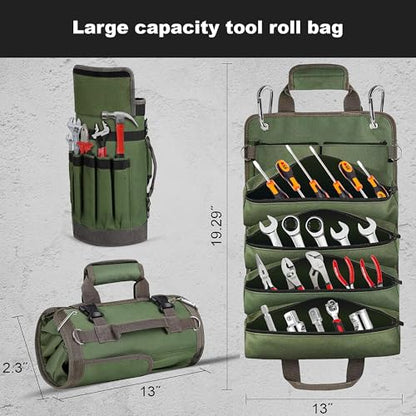 Roll Up Tool Bag, Heavy Duty Waterproof Portable Tool Storage Organization, Tool Bags For Men Tool Organizer with 2 Detachable Zipper Pouches Rollable Carrying, Dad Men Mechanic Welding Birthday Gift