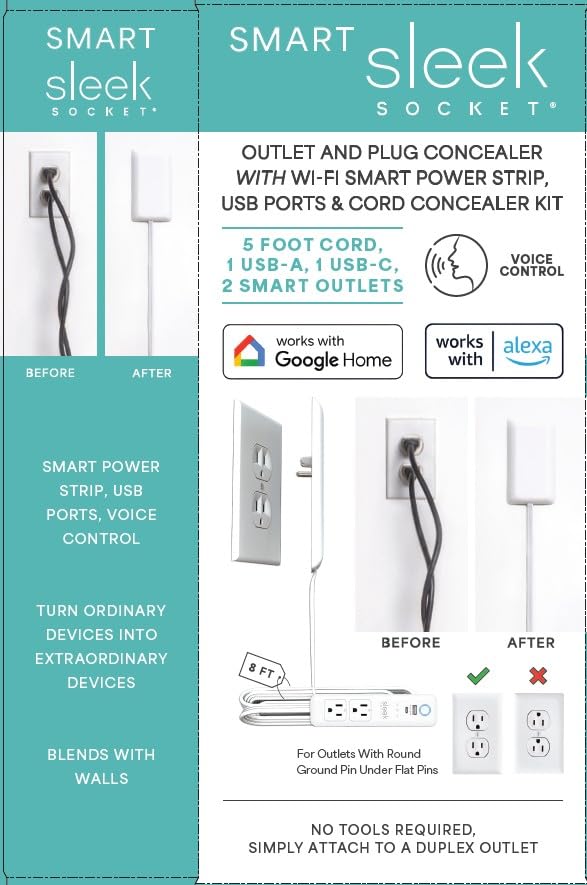 Smart Sleek Socket: Universal Outlet Concealer with Wi-Fi Smart Power Strip - size: 5ft - Smart, style: Standard Outlet