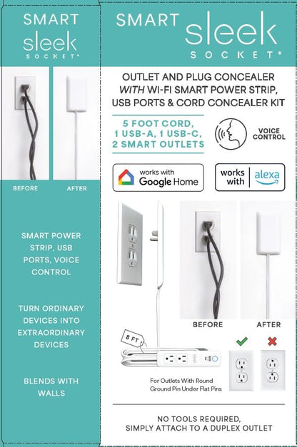 Smart Sleek Socket: Universal Outlet Concealer with Wi-Fi Smart Power Strip - size: 5ft - Smart, style: Standard Outlet