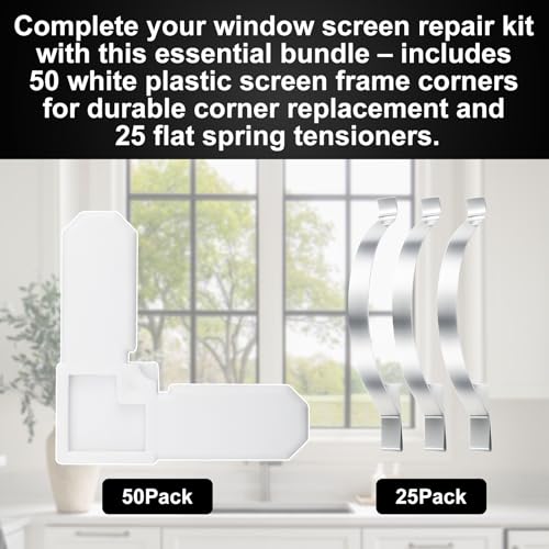 50-Pack 5/16 in. x 3/4 in. White Plastic Screen Frame Corners and 25-Pack Corner Mount Flat Window Spring Screen Tensioners for Window Screen Repair kit