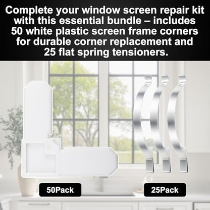50-Pack 5/16 in. x 3/4 in. White Plastic Screen Frame Corners and 25-Pack Corner Mount Flat Window Spring Screen Tensioners for Window Screen Repair kit