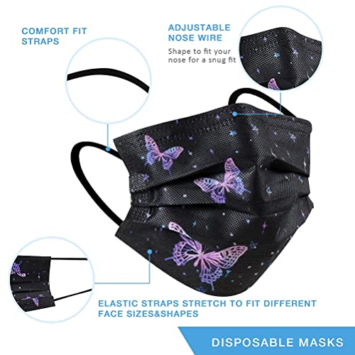 50Pcs Black Face Mask Adult Breathable Mask Butterfly Protective 3Ply Earloop Face Mask for Men Women