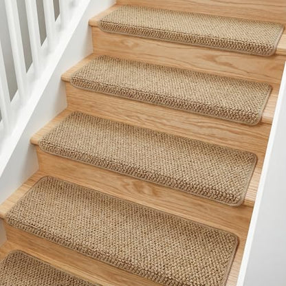 MBIGM Bullnose Non-Slip Stair Treads w/Reusable Adhesive 14 Pack 9.5" x 30" Wooden Steps Protection - TPU Backing with Steel Reinforcement - Anti-Slip Solution Knitted Camel Non Slip Stair Tread - color: Camel - Knitted