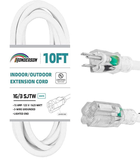 Indoor Outdoor Extension Cord Weatherproof with Lighted End, UL Certified, 16 Gauge 10FT White 3 Prong Heavy Duty, 16/3 SJTW 13A Power Cord for Outdoor Lights, Lawn - size: 10FT, style: 16/3