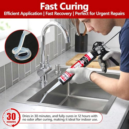 LISRUX Advanced Clear Silicone Caulk for Kitchen & Bathroom,10 fl oz Cartridge,12 Pack,100% Waterproof RTV Silicone Sealant,Stronger Adhesion,Shrink & Crack Proof - size: 12P, style: Clear