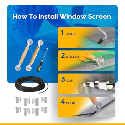 King&Charles Window Screen Door Repair/Replacement Kit, Include Black Screen Mesh 59"x106"+ 2 Roller+50Ft Spline+8Clips+Hook, 6 in 1 Window Mesh Kit, Steel/Nylon Bearing Roller - color: Black, size: 59"×106" Kit