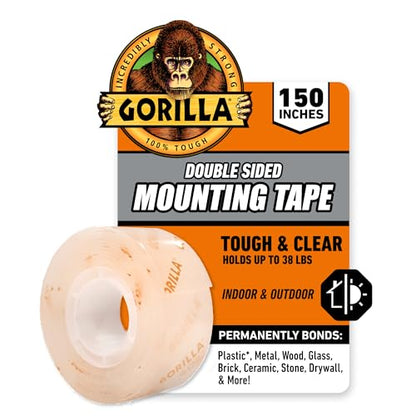 Gorilla Tough & Clear Double Sided Mounting Tape, Clear Tape, 1" x 150" (Pack of 12) - Weatherproof for Indoor or Outdoor