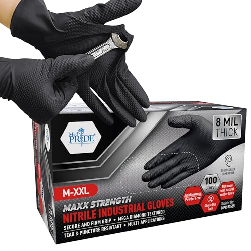 MED PRIDE Maxx Strength Nitrile Industrial Black, 8 Mil Thick - Diamond Texture Disposable Heavy-Duty, Tear-Resistant - size: XX-Large