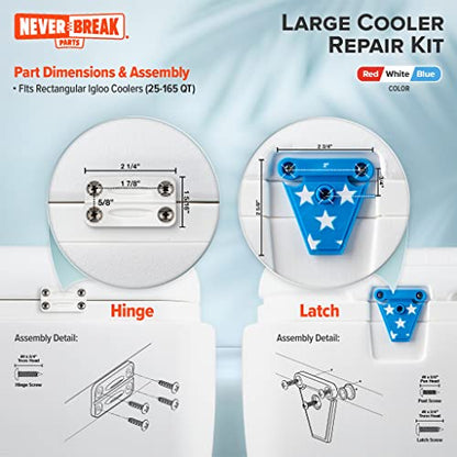 NeverBreak Parts - Igloo Cooler Replacement Parts - Large Repair Kit | High Strength Igloo Cooler Hinges Replacement with Latches | Ice Chest Repair Kit - color: White with Stars and Stripes