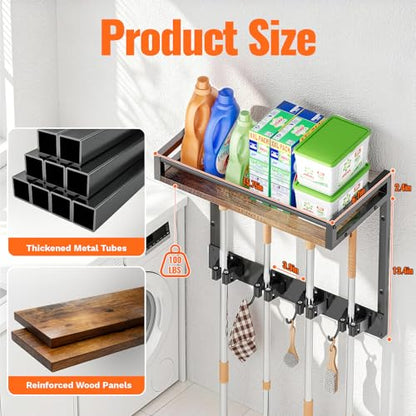2 Packs Broom Holder Wall Mount with Shelf Load 66LBS Broom and Mop Organizer Wall Hanging Broom Hanger with 4 Mop Hanger Grippers, 3 Hooks for Laundry Room, Garage, Utility Closet, Kitchen - style: 2 Packs