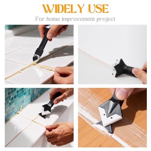 3-in-1 Hand Tool Kit, Silicone Sealant Finisher & Grout Remover Scraper with Stainless Steel Head - Professional Caulk Guns Applicator for Bathroom, Kitchen, Window, Sink, Tile Joints