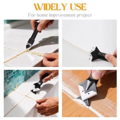 3-in-1 Hand Tool Kit, Silicone Sealant Finisher & Grout Remover Scraper with Stainless Steel Head - Professional Caulk Guns Applicator for Bathroom, Kitchen, Window, Sink, Tile Joints