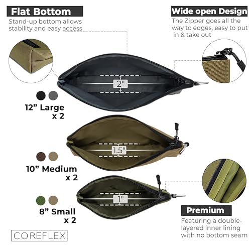 COREFLEX Premium Tool Pouch Zipper Bag, Small Tool Bag, Multipurpose Storage pouch, Heavy duty Flat Bottom Tool bag with YKK Zipper (6 pack Combo mixed size) - size: 6 Pack Combo Mixed Size Khaki