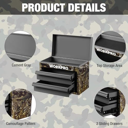WORKPRO Metal Mini Tool Box, Top Tool Chest containing Two Drawers with Ball Bearing Slides, PVC Drawer Liners and PP Feet Pads, Durable Cold Rolled Steel Small Toolbox for Multi-Purpose Storage - color: Green Camo
