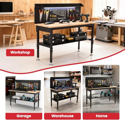 ENJOYWOOD 60'' Heavy Duty Workbench 3000 LBS Load Capacity Adjustable Height Garage Work Bench with Pegboard, Storage Shelf, Power Outlets and LED Light - size: XXXXX-Large