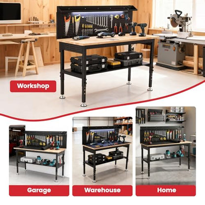 ENJOYWOOD 60'' Heavy Duty Workbench 3000 LBS Load Capacity Adjustable Height Garage Work Bench with Pegboard, Storage Shelf, Power Outlets and LED Light - size: XXXXX-Large