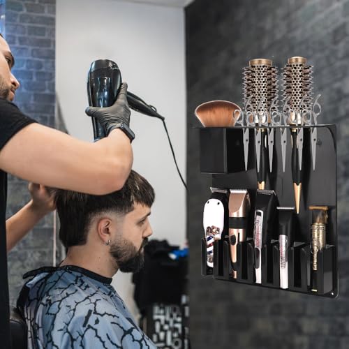 Clipper Holders Barbers Organizer, 13" x 12" x 3" Wall-Mounted Multi-Functional Hair Styling Tool Storage Stand for Clipper, Scissors, Comb, Curling Irons - for Salon, Home Bathrooms, with Screws Kit - size: 11.8 x 13.2 x 3 Wall-mounted