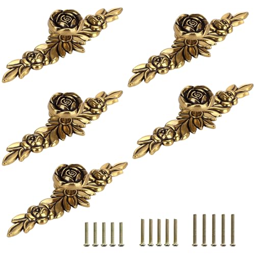 JUXYES Pack of 5 Euro Rose Decorative Cabinet Knobs with Plate, Floral Ivory Drawer Knob Cupboard Door Knobs, Ivory White Drawer Pulls Cabinet Handle Knobs for Dresser Cabinet - color: Golden Bronze, size: Large